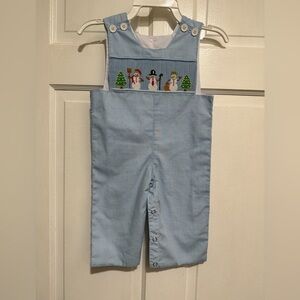 3 Month Smocked Christmas Boys JonJon Longalls Outfit Romper Blue Snowman Winter